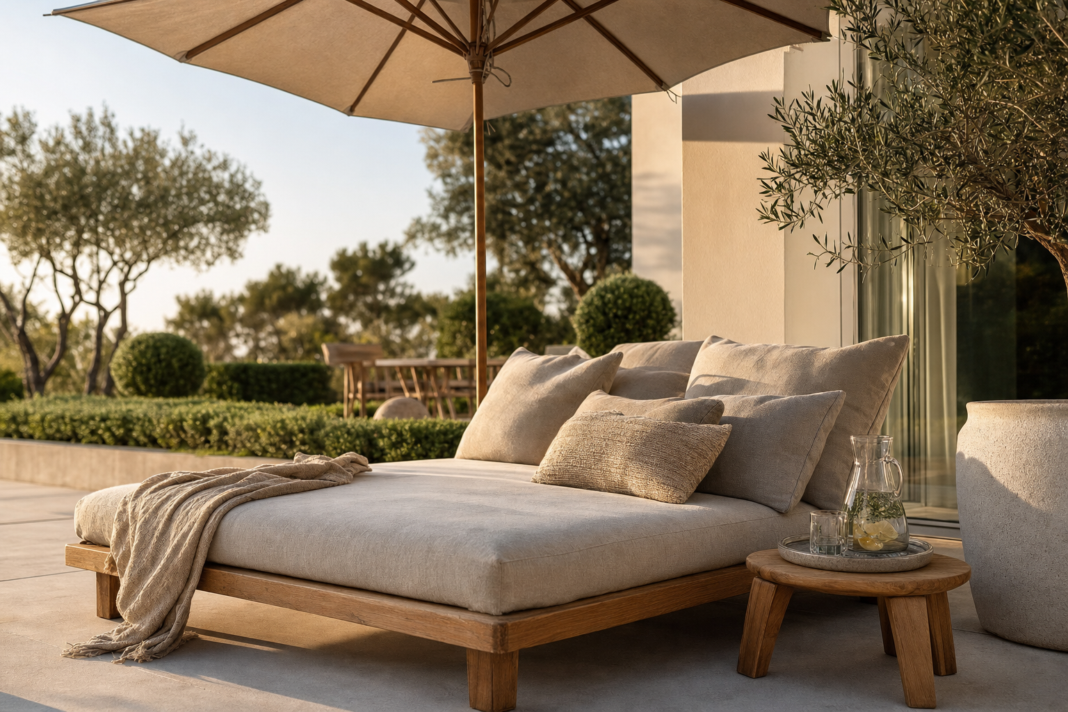 Luxe loungebed buiten met accessoires